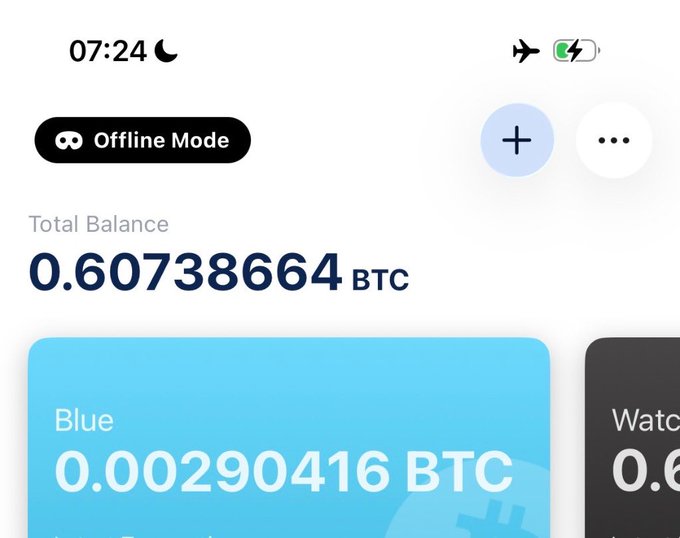 A mobile app screenshot in Offline Mode showing a 'Total Balance' of 0.60738664 BTC at 07:24, with a 'Blue' wallet displaying 0.00290416 BTC.