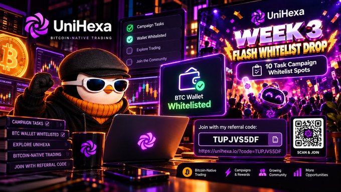 A vibrant UniHexa promotional graphic celebrating "Week 3 Flash Whitelist Drop" with a 10-task campaign offering BTC wallet whitelisting spots, featuring a cool penguin mascot in shades and the referral code "TUPJVSDF" alongside a QR code for joining. The image visually reinforces the post's message about completing the UniHexa campaign tasks and getting a BTC wallet whitelisted for their Bitcoin-native trading platform.