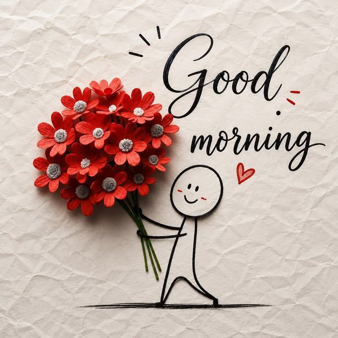 A cheerful stick figure character with a smiling face holds a bouquet of red daisy-like flowers, accompanied by the handwritten text "Good morning" and a small red heart on a textured paper background.