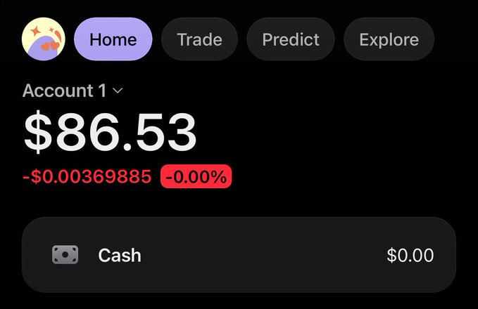 The image shows a crypto account dashboard displaying "Account 1" with a balance of $86.53, showing a slight decrease of -$0.00369885 (-0.00%) and $0.00 in cash, likely used as proof of earnings to promote a "$20 SOL GIVEAWAY" that requires liking, retweeting, and engaging with a promotional tweet on X (formerly Twitter).