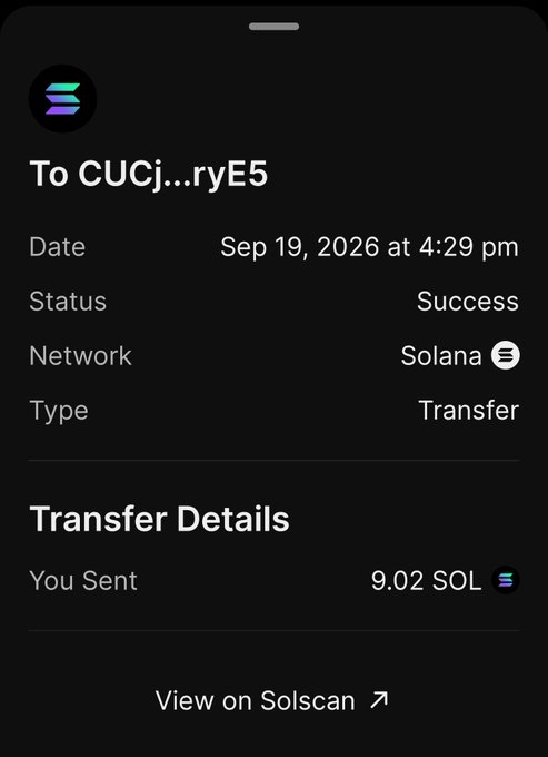 A screenshot of a successful Solana wallet transfer showing 9.02 SOL sent to address "CUCj...ryE5" on September 19, 2026, likely used as "proof of payment" to legitimize the $300 SOL giveaway promise. The transaction details are shared to encourage users to follow, like, retweet, and drop their wallet addresses for a chance to win in 24 hours.