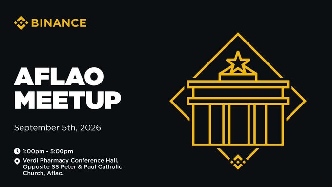 The graphic is a Binance-branded event flyer announcing the "AFLAO MEETUP" on September 5th, 2026, from 1:00pm to 5:00pm at the Verdit Pharmacy Conference Hall, opposite SS Peter & Paul Catholic Church in Aflao, featuring a gold line-art illustration of a classical building on a dark background.