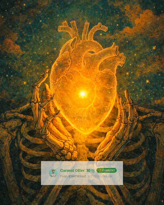 An artistic illustration of skeletal hands cradling a glowing, anatomical heart against a starry, cosmic background, with a UI overlay showing 'Current Offer: 30' from 'EIGHTYEIGHT 9/17/2025, 9:43 AM'.