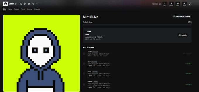 The image displays the BLNK NFT platform's mint page, showing "Mint BLNK" with an available supply of 2,644 and a pixelated character image on a yellow-green background. The right side details mint schedules for teams including TEAM, PUNKS, LFG, FCFS, and PURGE, with a "Get reminder" button—corresponding to the post announcing a wallet checker tool for verifying Whitelist (WL) eligibility for the BLNK mint.