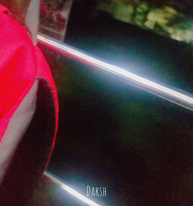 A close-up, blurry photo showing a red fabric item and a metallic railing with greenery in the background, labeled "Daksh" at the bottom.