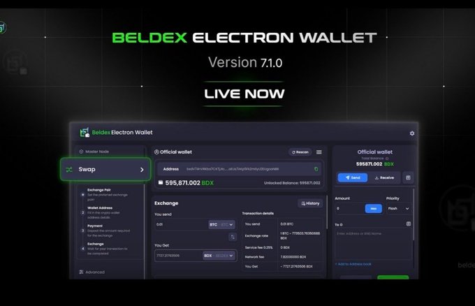 Screenshot of Beldex Electron Wallet Version 71.0 promotional image showing a 'LIVE NOW' banner and wallet interface with 595,871.002 BDX balance.