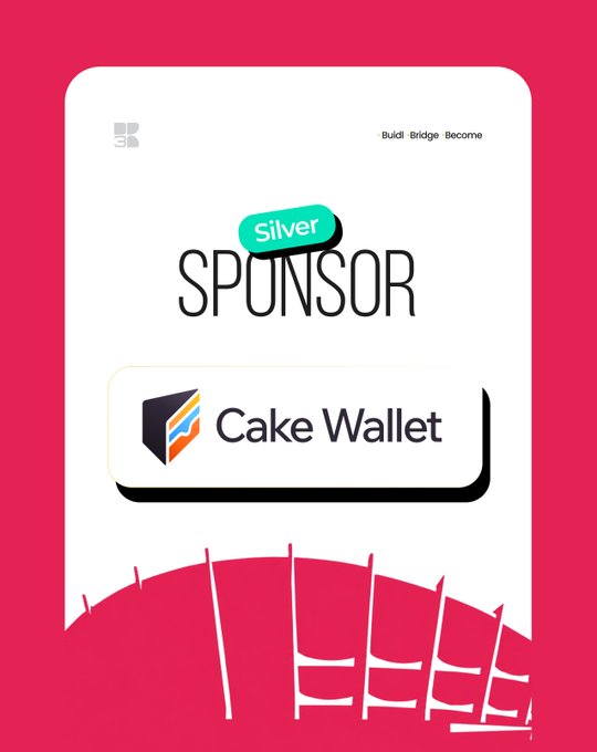A promotional graphic with a pink background displaying 'Silver SPONSOR', 'Cake Wallet' with its logo, 'Build Bridge Become', and a stylized white bridge at the bottom.
