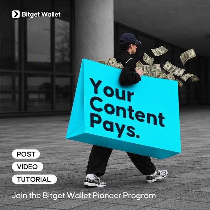 A promotional graphic for the Bitget Wallet Pioneer Program featuring a person carrying a large teal shopping bag labeled "Your Content Pays." while dollar bills fly out, with categories "POST," "VIDEO," and "TUTORIAL" listed alongside the text "Join the Bitget Wallet Pioneer Program," visually reinforcing the post's call for content creators to earn rewards by producing guides and tutorials about Bitget Wallet.