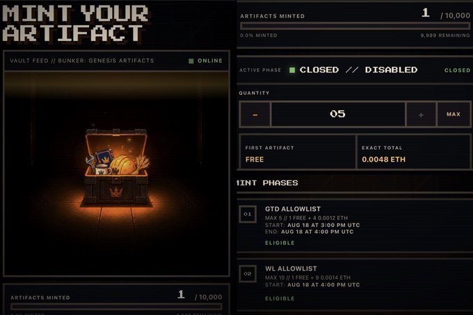 A webpage titled 'MINT YOUR ARTIFACT' showing a vault feed for 'BUNKER: GENESIS ARTIFACTS' with 1 of 10,000 artifacts minted, priced at 0.0048 ETH, with mint phases listed as GTD ALLOWLIST and WL ALLOWLIST.