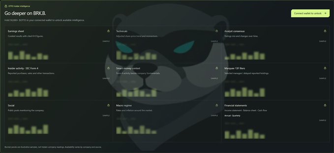 A dark-themed webpage for OTG spider intelligence titled "Go deeper on BRK.B" (Berkshire Hathaway) featuring a raccoon logo and categories like Earnings sheet, Insider activity, and Social, all marked "SAMPLE".