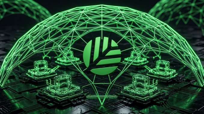 A green digital/cyber-themed graphic featuring a leaf logo at the center surrounded by network nodes, geometric dome shapes, and computer chip circuit designs on a dark background.