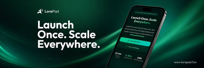 A promotional banner for LoraPad with the tagline 'Launch Once. Scale Everywhere,' showing a mobile app interface for tokenizing real-world assets on the Radix chain.