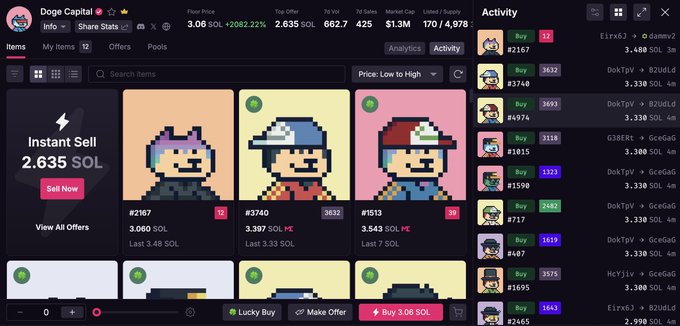 Screenshot of a Doge Capital NFT marketplace showing instant sell at 2.635 SOL, pixel art NFT listings, and recent activity including transactions of Elf, DokPvP, and McPvP tokens.