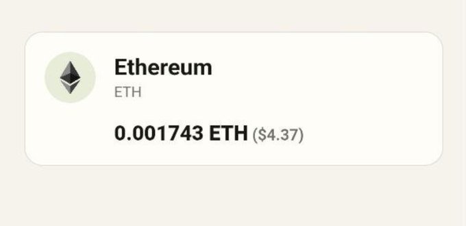 A cryptocurrency card displaying 'Ethereum' with 'ETH' label, showing a balance of 0.001743 ETH ($4.37) next to the Ethereum diamond logo on a light background.