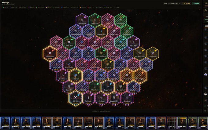 A screenshot of the Backstage blockchain card game interface shows a hexagonal board layout with various characters and locations, with a row of character cards along the bottom.
