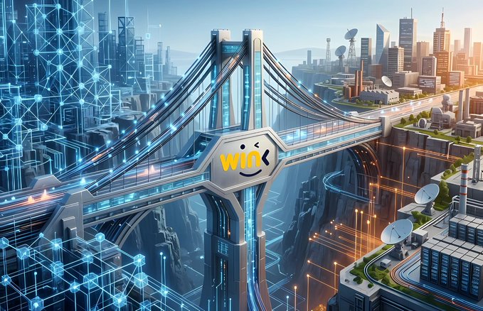 A futuristic digital art piece depicting a glowing 'wink' logo sign amid a stylized high-tech cityscape with bridges, skyscrapers, and network overlays.