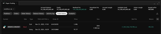 The image shows a W Trading paper trading account "Trade history" for BNB/LUNAUSDT, displaying a short entry at $97.77 and exit at $1,496, netting a profit of +1,923,546,718.996 usd with a +98.32% return—an absurdly massive gain that aligns humorously with the caption "My first 10 figure trade.." given the account balance shows roughly $51.3B.