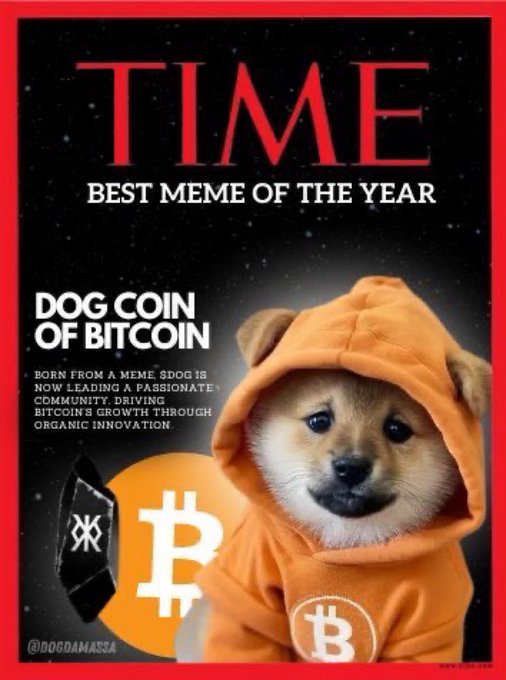 A TIME magazine parody cover titled 'BEST MEME OF THE YEAR' featuring a Shiba Inu dog wearing an orange Bitcoin hoodie, declaring it the 'DOG COIN OF BITCOIN'.