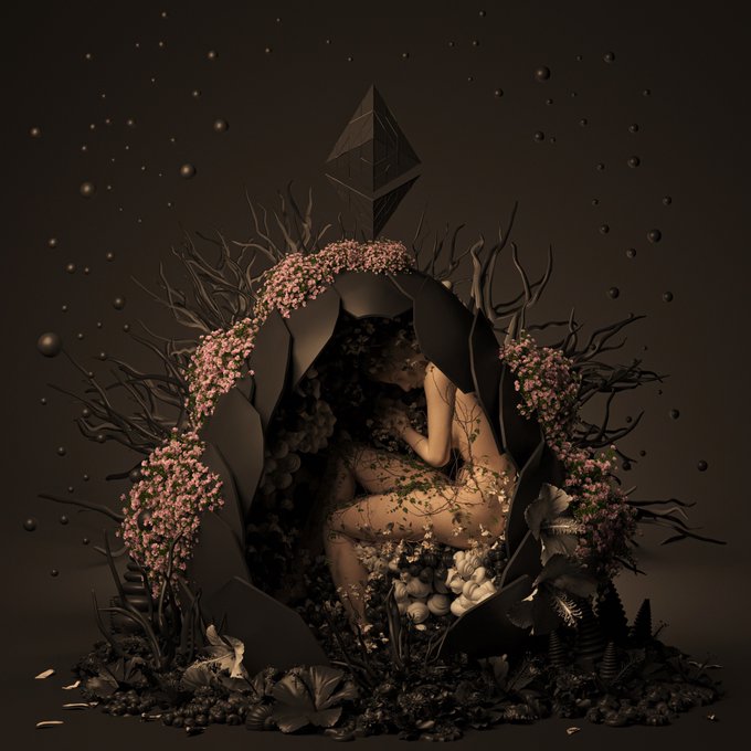 A dark, surreal 3D render depicts a figure curled inside a cracked, egg-like dark shell adorned with pink flowers and twisted branches, with a floating geometric octahedron shape above.