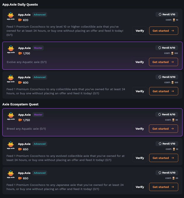 A list of 'App.Axie Daily Quests' and 'Axie Ecosystem Quest' from a gaming platform, showing tasks related to feeding, evolving, and breeding digital pets ('axies') with associated reward points.
