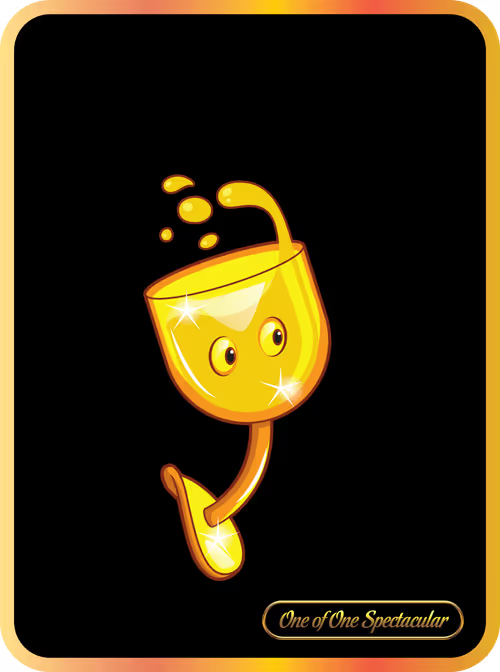 A trading card featuring a golden, anthropomorphic cup character with a face and legs, sparkling on a black background with the text 'One of One Spectacular' at the bottom.