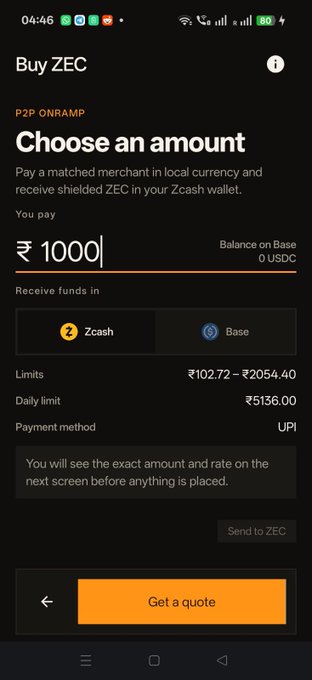A mobile app screen titled "Buy ZEC" showing a P2P ONRAMP interface where the user enters ₹1000 to receive funds in Zcash, with a "Get a quote" button at the bottom.