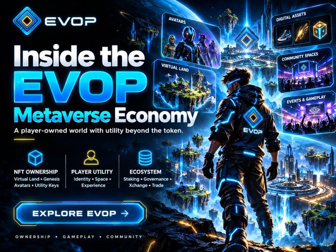 A promotional banner for the EVOP Metaverse Economy featuring a futuristic character overlooking floating islands, highlighting features like NFT Ownership, Player Utility, and Ecosystem.