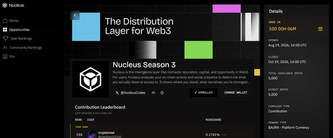 A screenshot of the Nucleus platform dashboard showing 'Nucleus Season 3' opportunities, with details including an ends-in time of '100 00H 06M', a total of 5,000 available spots, and a contribution leaderboard.