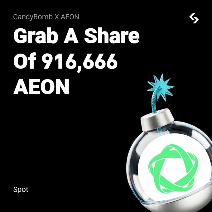 A promotional graphic for the "CandyBomb X AEON" campaign on Bitget's Spot platform, featuring a stylized bomb illustration with the AEON logo inside, advertising a prize pool of 916,666 AEON tokens for participants who trade during the event ending August 4, 2026.