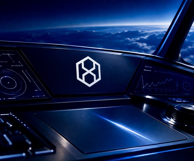 A futuristic cockpit dashboard displaying a hexagonal logo against a backdrop of clouds and sky, suggesting a crypto project's branding.