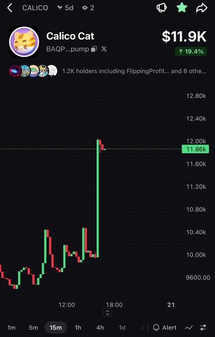 A mobile screenshot of a cryptocurrency trading chart showing the 'Calico Cat' token (BAQP...pump) at $11.9K with a 19.4% increase, displaying a candlestick chart on a 15-minute interval.
