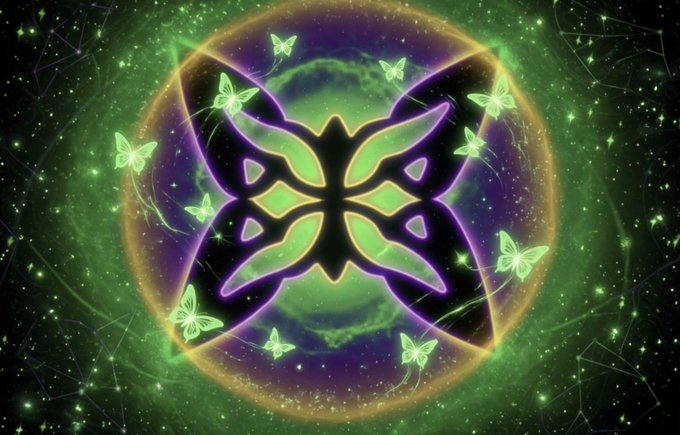 Digital artwork featuring a green and purple butterfly design surrounded by smaller glowing butterflies against a cosmic green and purple background.
