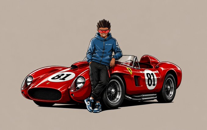 An anime-style illustration of a young man wearing a blue hoodie, red sunglasses, and sneakers leaning against a red vintage Ferrari race car bearing the number '81' on a plain beige background.