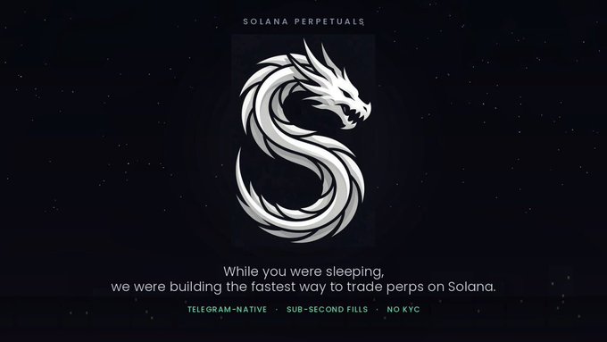 A Solana Perpetuals advertisement with a silver dragon logo on a black background, promoting the fastest way to trade perps on Solana with Telegram-native features, sub-second fills, and no KYC.