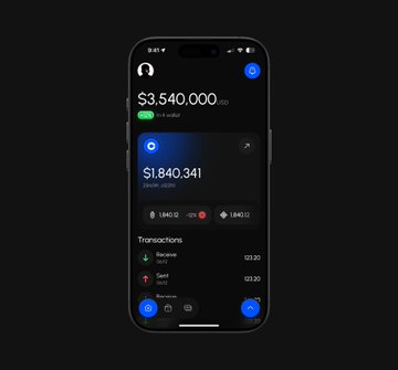 A mobile cryptocurrency wallet app displaying a balance of $3,540,000 USD and a swap interface for $1,840.341 with transaction history showing received and sent amounts of $23.20.