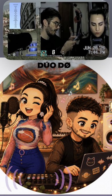 The image features a photo at the top showing a couple with the text "JUN 26 '26 7:44 PM" and a POAP badge, below which is a colorful cartoon illustration labeled "DÚO DC" depicting a woman at a microphone and a man with a laptop in a music studio setting. The cartoon duo represents the artists being celebrated with the POAP (Proof of Attendance Protocol) collectible shown above.