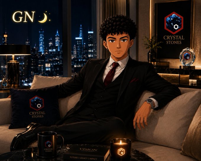 An animated character in a black suit sits on a couch in a luxury apartment at night; logos for 'GN', 'CRYSTAL STONES', and 'VISION' are displayed throughout the scene.