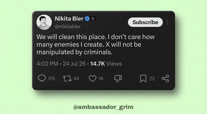A tweet from Nikita Bier (@nikitabier) reading 'We will clean this place. I don't care how many enemies I create. X will not be manipulated by criminals.' posted 4:02 PM on 24 Jul 26 with 14.7K views.