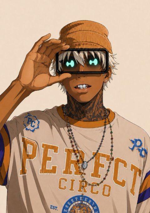 An anime-style digital illustration of a dark-skinned character with white hair wearing an orange beanie and goggles, showing glowing cyan eyes and tattoos on his neck, dressed in a beige t-shirt reading 'PERFECT CIRCO EST.'
