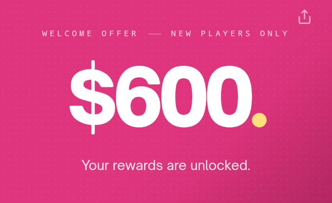 The image shows a pink background with white text that reads "Welcome Offer $600. New Players Only". Below the text, there's an image of a yellow ball. The caption above the image states "Your rewards are unlocked."