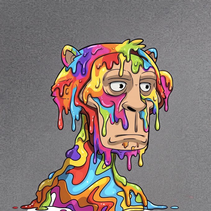 A bored-looking ape with multicolored paint dripping from its head stares forward against a gray background, visually playing on the playful, meme-style "gm" (good morning) greeting common in crypto/NFT communities.