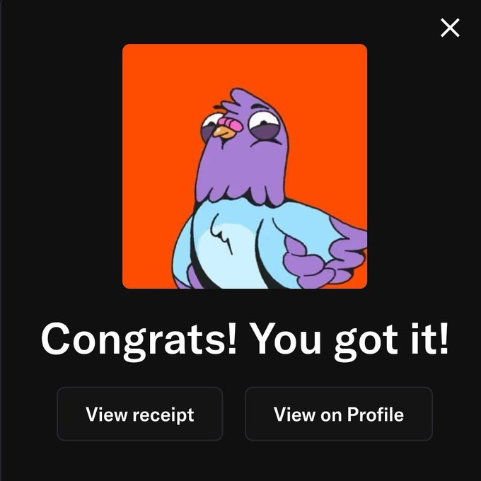 A confirmation popup displays a cartoon purple and blue bird character on an orange background with the text "Congrats! You got it!" alongside "View receipt" and "View on Profile" buttons, indicating a successful NFT mint on Rally.io. The image aligns with the post celebrating a new MINT NFT acquisition on the RallyOnChain platform.