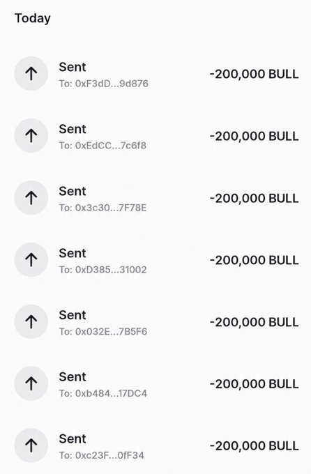 Mobile app screenshot showing a transaction history with seven entries, each logged as 'Sent' with an amount of '-200,000 BULL' to various blockchain addresses.
