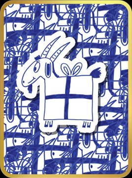 The image shows a stylized cartoon goat illustration in blue and white, decorated with a wrapped gift box and set against a chaotic background of scribbles and graffiti-like patterns. 

The image relates to the post as a visual representation of "Gift Goat," an NFT from Gary Vaynerchuk's VeeFriends collection, being compared against a physical Michael Jordan Rookie Card (PSA 7) as an investment option.