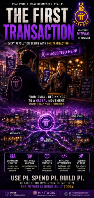 A promotional poster for 'THE FIRST TRANSACTION' featuring 'π' (Pi) cryptocurrency, analyzed by @HITPAAL, with text 'REAL PEOPLE. REAL BUSINESSES. REAL π.'