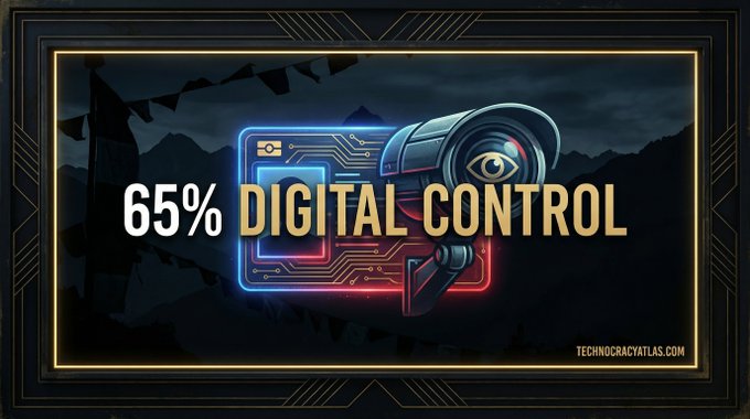 The image features neon-styled text reading "65% DIGITAL CONTROL" alongside a security camera and circuit board graphic, branded with "TECHNOCRACYATLAS.COM" at the bottom. It visually amplifies the post's claim that Bhutan's Ripple-built digital ngultrum pilot represented a deployment of programmable, trackable money and integrated digital ID surveillance rather than mere research.