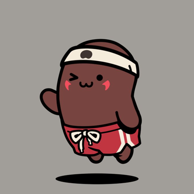 A cute cartoon illustration of a chocolate-colored character wearing a white headband and red shorts with a white bow, winking against a gray background.
