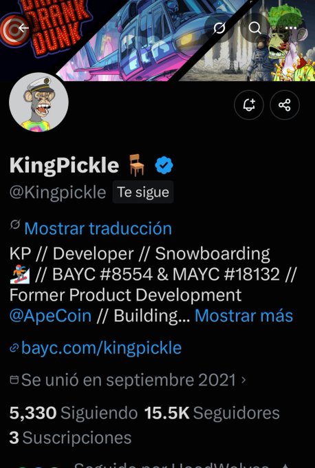 A Twitter/X profile page for @Kingpickle, a verified account with 15.5K followers, describing themselves as 'Developer // Snowboarding // BAYC #8554 & MAYC #18132 // Former Product Development @ApeCoin.'