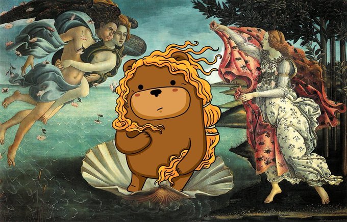 A digital illustration combines Botticelli's 'The Birth of Venus' with a cartoon bear styled like Venus emerging from a scallop shell.