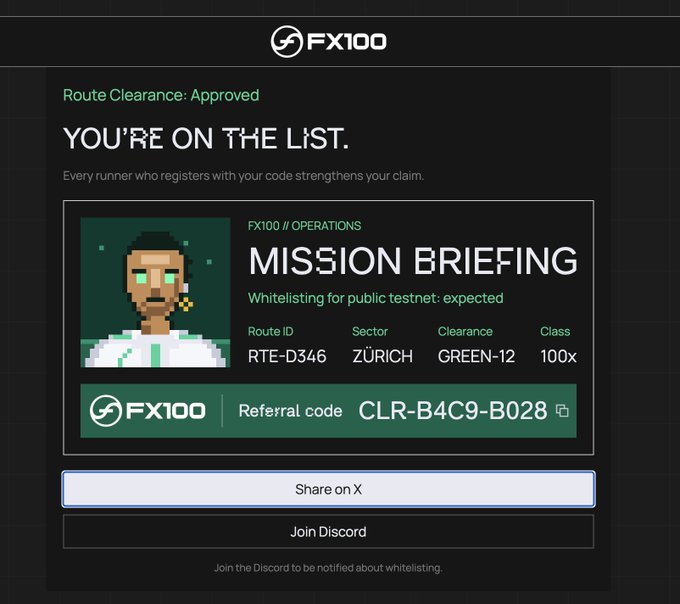 Dark-themed webpage for FX100 showing 'YOU'RE ON THE LIST' with Route Clearance Approved, featuring a pixel art avatar and referral code CLR-B4C9-B028.